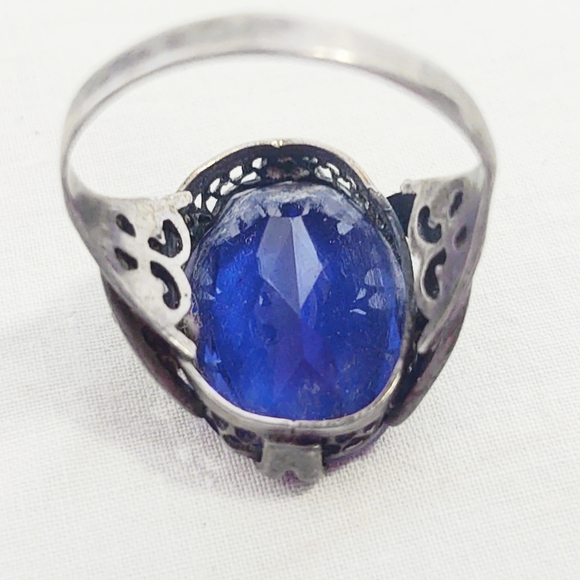 Antique Victorian Sapphire Blue Oversized Sterling Silver Cocktail Ring- Size 9 - Picture 7 of 8